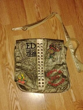 Vintage Ed Hardy Gold Studded Messenger Bag NEEDS REPAIR